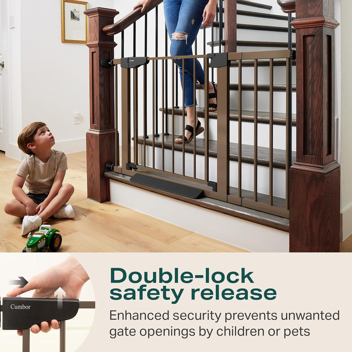 Cumbor 29.7-46" Baby Gate for Stairs, Mom's Choice Awards Winner-Auto Close Dog Gate for the House, Easy Install Pressure Mounted Pet Gates for Doorways, Easy Walk Thru Wide Safety Gate for Dog, Brown