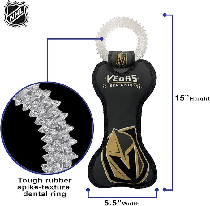 Pets First NHL LAS Vegas Golden Knights Dental Dog TUG Toy with Squeaker. Tough PET Toy for Healthy Fun, Teething & Cleaning Pet's Teeth & Gum., one Size (LVK-3310)