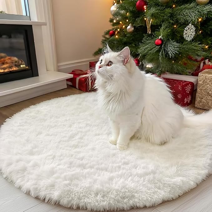 OLANLY Ivory Round Rugs for Bedroom - Machine Washable, 3 ft Circle Area Rugs for Living Room, Soft and Fluffy Shaggy Carpet for Teen Girls and Boys, Nursery Rooms, Dorms, Home Decor Aesthetic