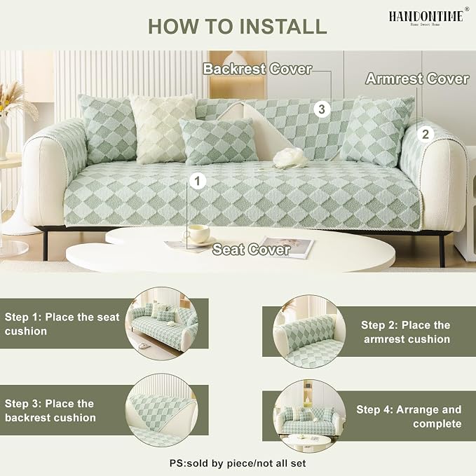 HANDONTIME Non-Slip Pet Couch Cover Washable, Plush Faux Fur Couch Protector for Cushion Pet-Friendly Sofa Covers for Dogs, Checkered Diamond Sectional Covers Dog Mat for Sofa (Green, 35.6" x 70.9")