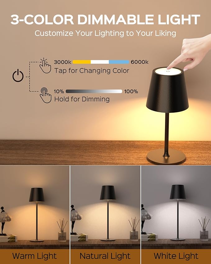 JACKYLED Cordless Table Lamps Rechargeable, 3 Adjustable Height, 5000mAh Battery Operated, 3 Colors Smooth Dimming, Portable LED Waterproof Table Lamp for Dining, Bedroom, Outdoor- Black