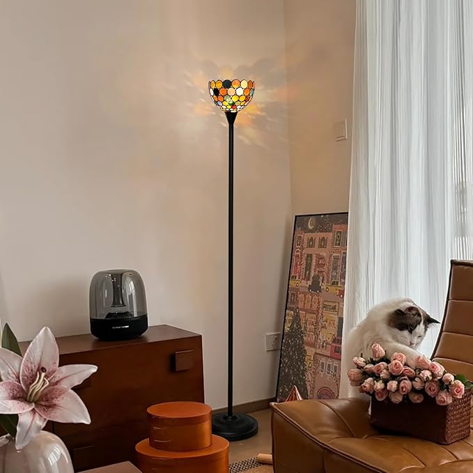 Tiffany Floor Lamp Tochiere Standing Multicolored Stained Glass Floor Light Vintage Tall Pole Uplight Lamp Rustic Corner Lamp with Foot Switch for Home Decor Living Room Bedroom