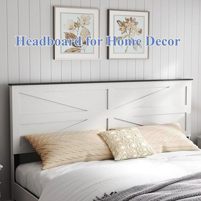 Wooden Bed Frame King Size with Headboard, Farmhouse Platform Bedframe with Wood Slat Support, Sturdy Framework Bed Frame, Easy Assembly (Rustic White)