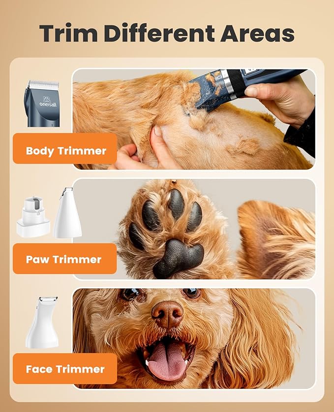oneisall Dog Clippers and Paw Trimmer Kit 2 in 1 Low Noise Cordless Dog Clippers for Grooming Pet Hair Trimmers for Small and Large Dogs Cats Animals