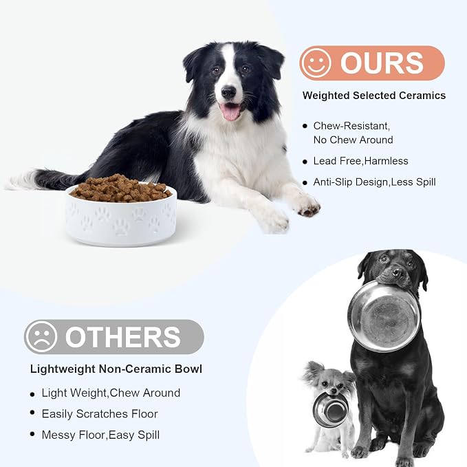SPUNKYJUNKY Ceramic Dog Bowls 2 Pack, 7.3'' Dog Food Water Double Feeding Bowls Non-Slip for Medium to Large Sized Breed Microwave Dishwasher Safe - 42 OZ, 2pcs, Paw White