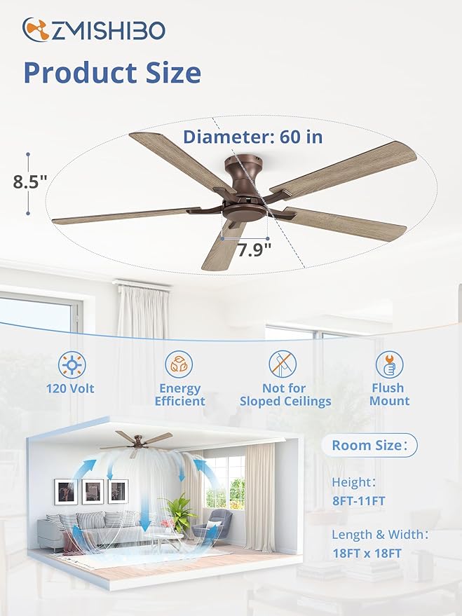 ZMISHIBO 60 Inch Ceiling Fan No Light, Flush Mount Low Profile, Farmhouse Brown
