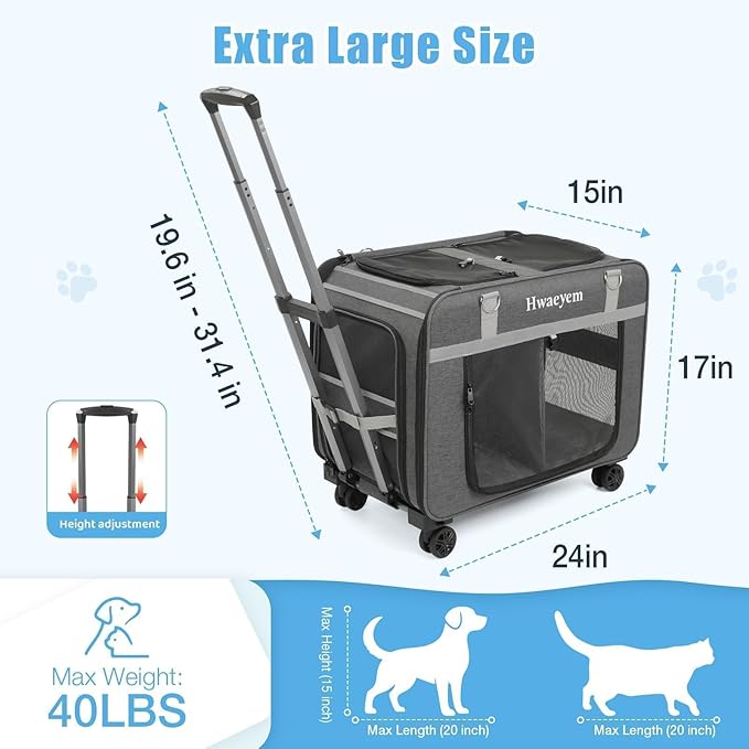 Extra Large Pet Cat Carrier with Wheels, Rolling Pet Carrier for 2 Cats or Medium Dog, 24" X 15" X 17" Portable Dog Cat Crate for Large Cat, Support up to 40 Lbs, Grey
