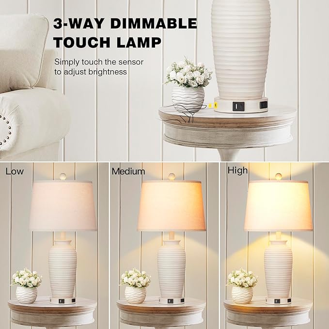 24.3" Farmhouse Jar Table Lamps Set of 2, 3 Way Touch Control Rustic Bedside Lamps with USB A+C Ports & AC Outlet, Pot Nightstand Lamps for Bedroom Living Room (LED Bulbs Included)