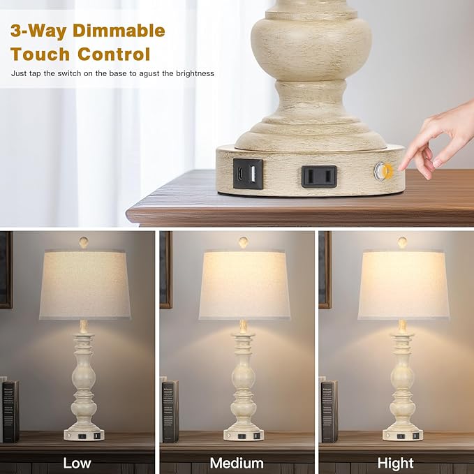 28" Farmhouse Table Lamps Set of 2 with USB C+A Ports & AC Outlet for Vintage Living Room Retro Bedroom,3-Way Dimmable Touch Lamp Resin Bedside Lamps for Nightstand Side End Table, Beige