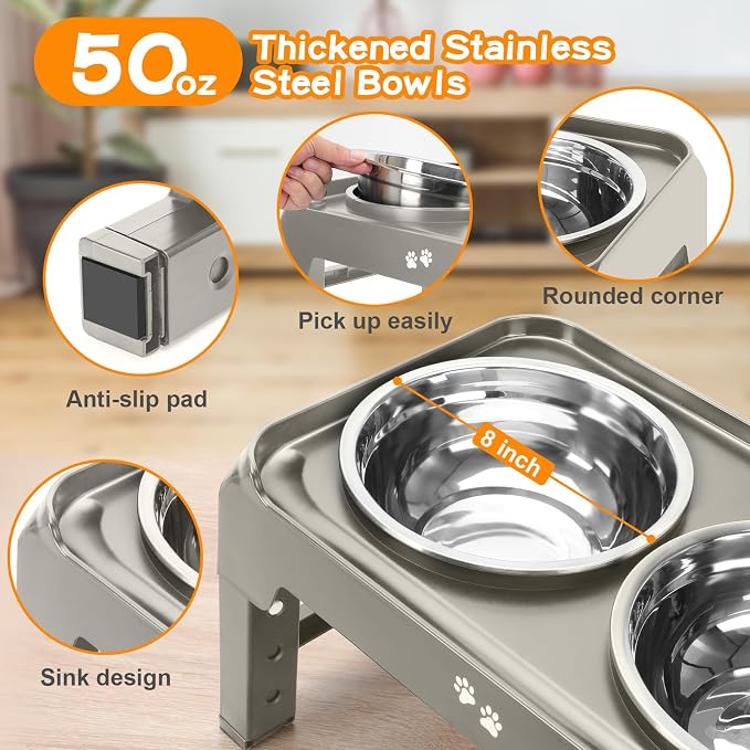 Elevated Bowls, 4 Height Adjustable Raised Stand With 2 Thick 50oz Stainless Steel Food Bowls, Non-Slip Feeder for Dogs, Adjusts to 3.7", 9.2", 10.75", 12.36" Light Brownish Gray