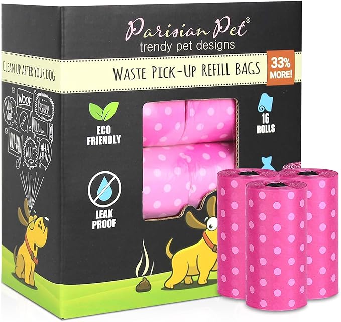 Parisian Pet Ecofriendly Dog Poop Bags Rolls - 320 Count Unscented Poop Bags For Dogs - Leakproof, Extra Thick, 16 Dog Waste Bags Refill Rolls - Polka Dot Pink Doggie Poop Bags - Fits All Dispenser