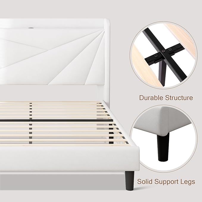 Queen Size Upholstered Bed Frame with Charging Station, Platform Bed Frame with Storage Headboard, Solid Wood Slats Support, No Box Spring Needed, White