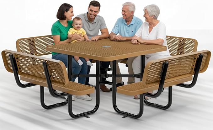 Metal Picnic Tables for Outdoors with Umbrella Hole - Coated Steel Heavy Duty Commercial Grade Furniture with Adjustable Seats (Brown, 46 in, Square with Back, Expanded Steel)