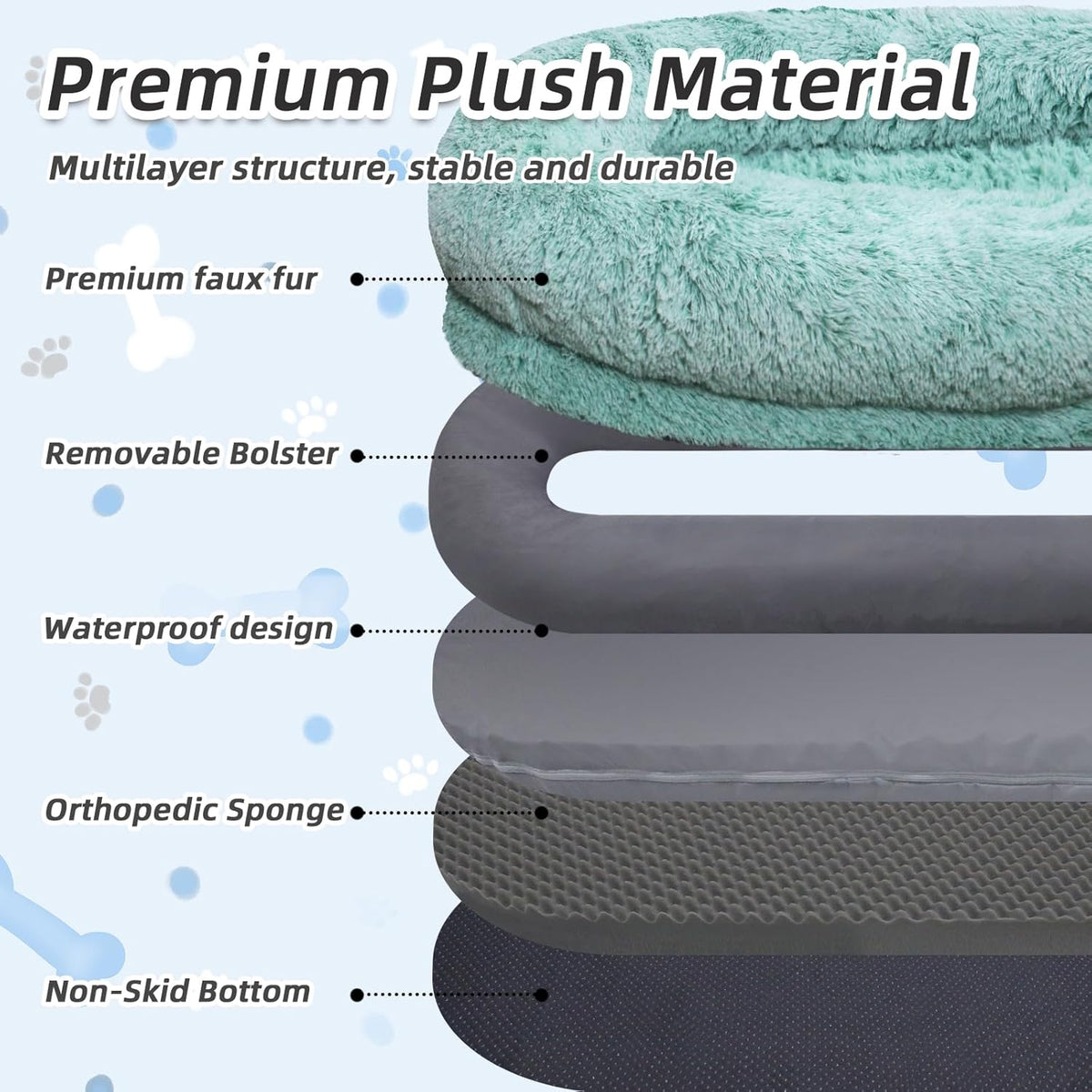 Human Dog Bed, 71''x45''x12'' Size Fits You and Pets, Washable Faux Fur Pet Bed for People Doze Off, Napping Orthopedic Dog Bed, Present Plump Pillow, Blanket, Strap - GreenWhite