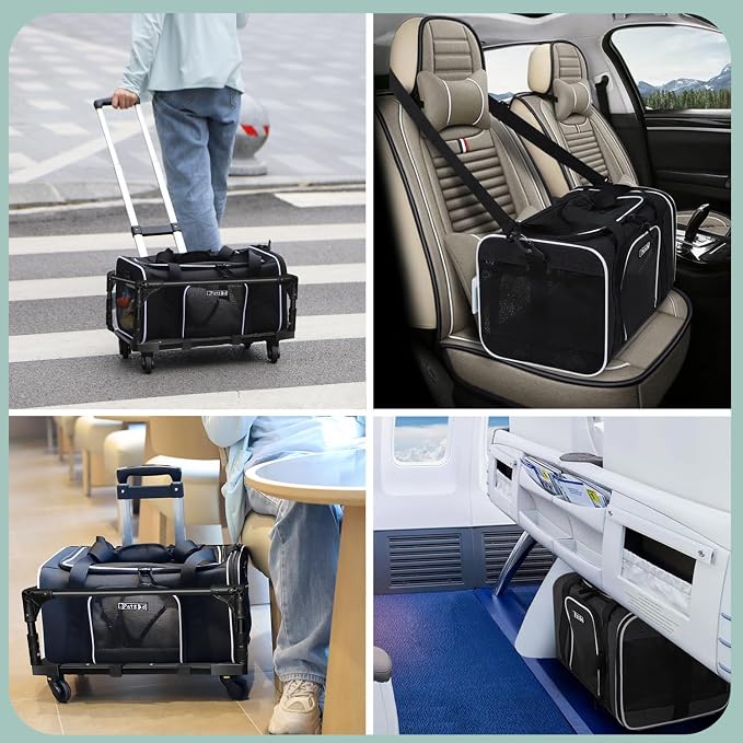 Small Pet Carrier 17"x11"x9.5" with Wheels Airline Approved, Black | for Alaska Airlines, Lockable Safety Zippers and Anti-Scratch Mesh, Pets Under 10 lbs