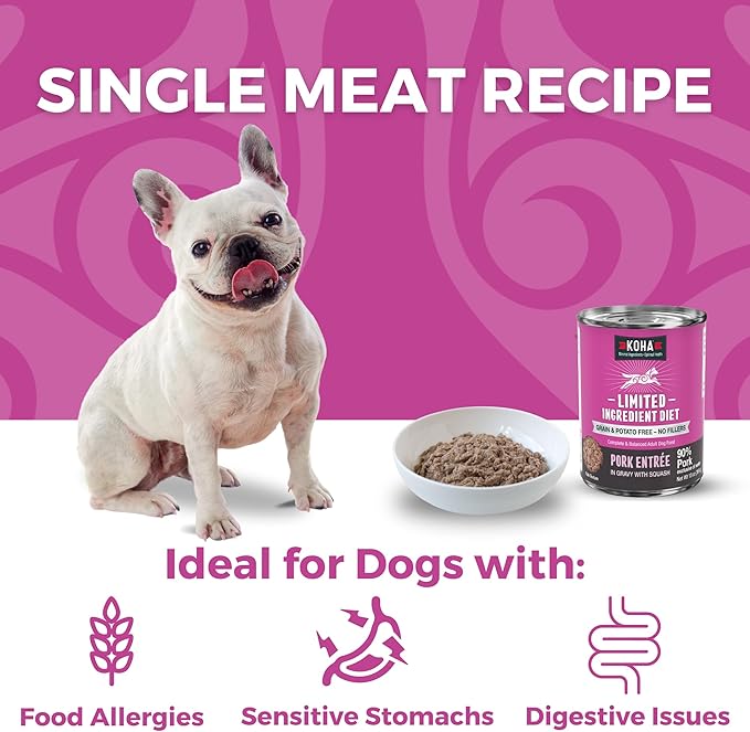 KOHA Limited Ingredient Diet Pork Entrée for Dogs- Sensitive Stomach Canned Dog Food - High Protein, No Fillers Pate Dog Food - 13 oz Pack of 12