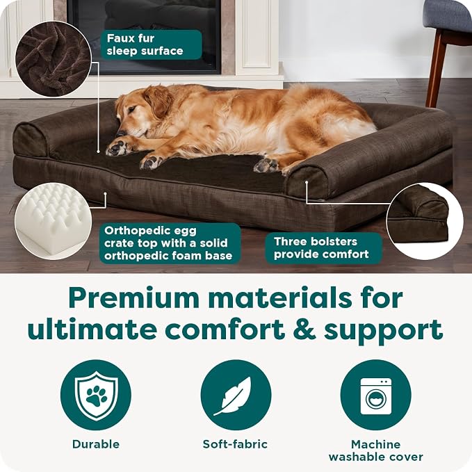 Furhaven Orthopedic Dog Bed for Large Dogs w/ Removable Bolsters & Washable Cover, For Dogs Up to 95 lbs - Plush & Suede Sofa - Espresso, Jumbo/XL