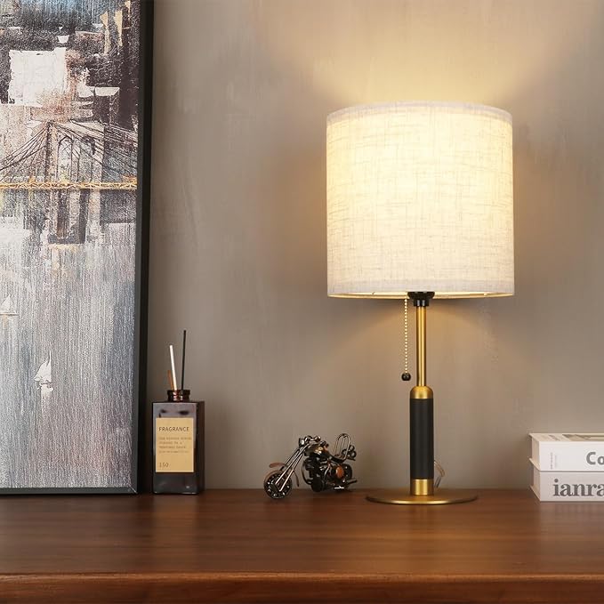 18.9" Bedside Table Lamp for Nightstand 3-Color Temperatures Living Room Lamp for Bedroom Wood Fabric Pull Chain Switch Small Desk Lamps Home Office End Table Room Decor (Light Brown+Brass)