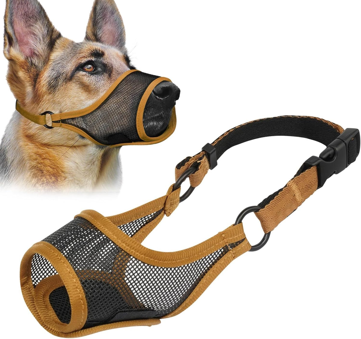 LUCKYPAW Dog Muzzle, Mesh Muzzle for Large Medium Small Dogs, Soft Mouth Guard for Biting Chewing, Breathable Mouth Guard with Adjustable Strap for Training(Brown, M(Snout:8.75"-9.5"))
