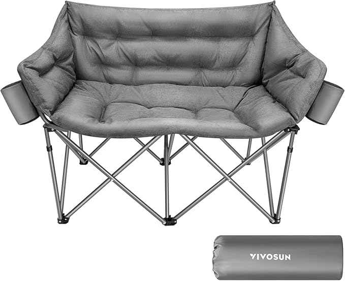 VIVOSUN Double Camping Chair, Fully Padded Folding Loveseat, Oversized Duo Chair with Cup & Wine Glass Holders, Pocket, Armrests & Carry Bag