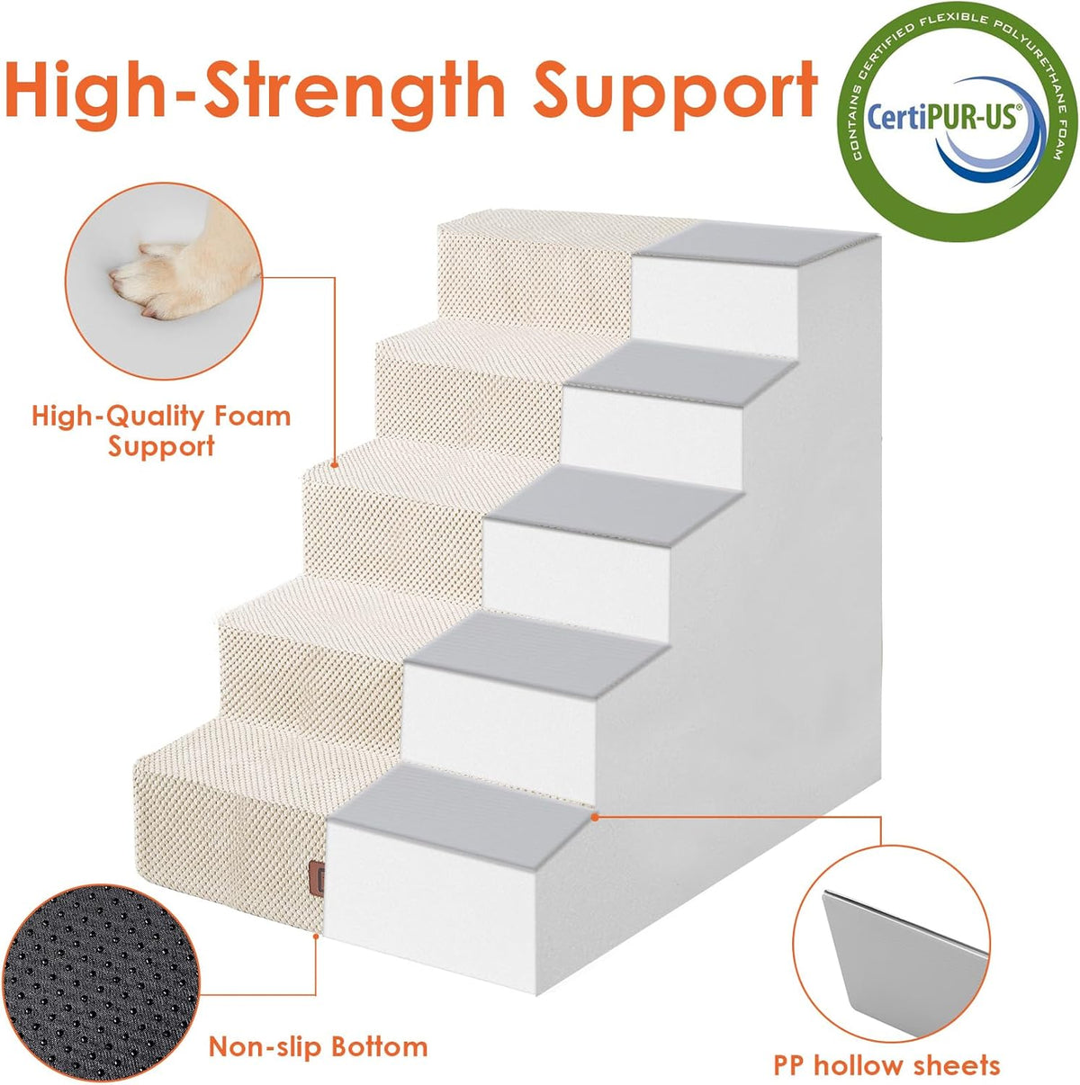 EHEYCIGA Dog Stairs for High Bed 25" H, 5-Step Extra Wide Dog Steps for Bed, Pet Steps for Small Dogs and Cats, Non-Slip Balanced Pet Ramp Indoor, Beige