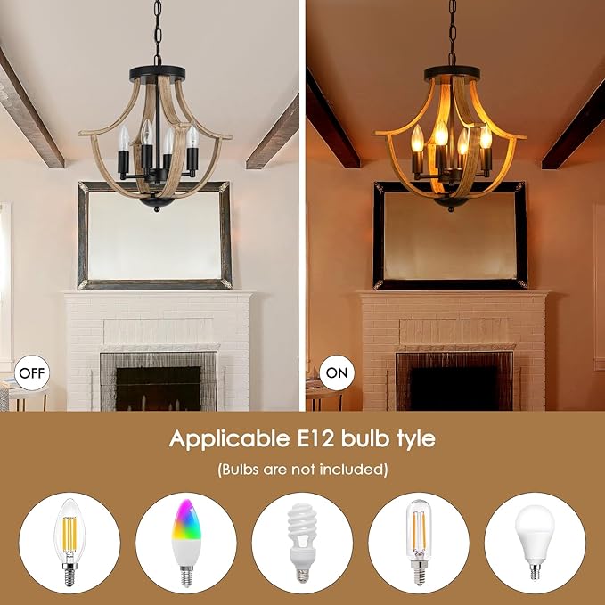 Farmhouse Hanging Pendant Lighting, 4-Light Rustic Flush Mount Ceiling Light Fixture,Modern Faux Wood Vintage Chandelier for Dining Room Kitchen Island Foyer Hallway Entryway Bedroom
