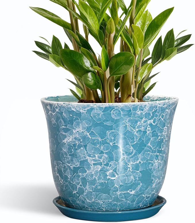 Ceramic Planter - 10 Inch Plant Pot for Indoor Outdoor, Large Round Flower Pots with Drainage Hole and Saucer, Modern Decorative Plant Pots, Garden House Decor, House Warming Gifts, Blue