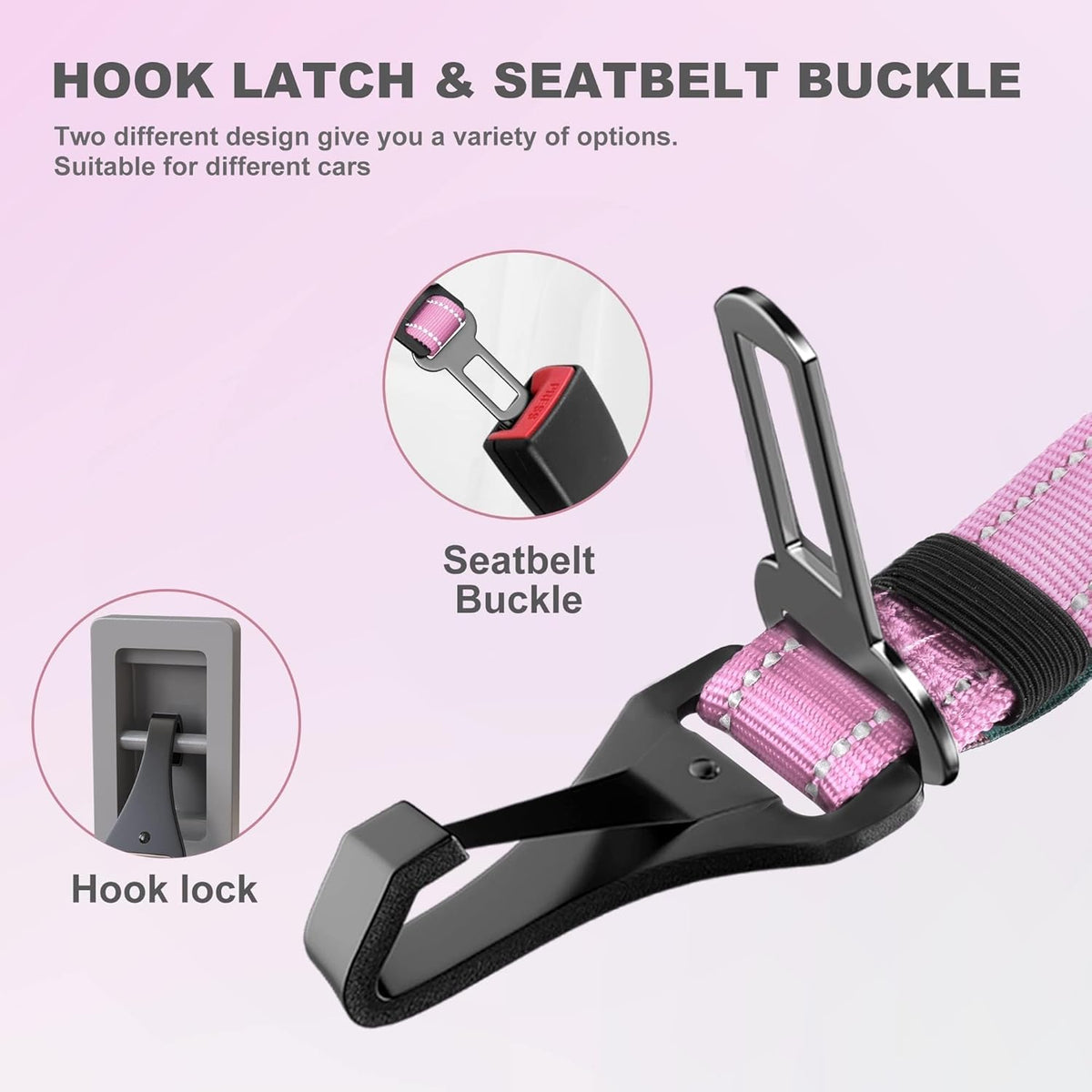 IOKHEIRA Dog Seat Belt 3-in-1 Car Harness for Dogs Adjustable Safety Seatbelt for Car Nylon Reflective Bungee Fabric Dog Car Harness with Clip Hook Latch & Buckle, Swivel Zinc Alloy Carabiner (Pink)