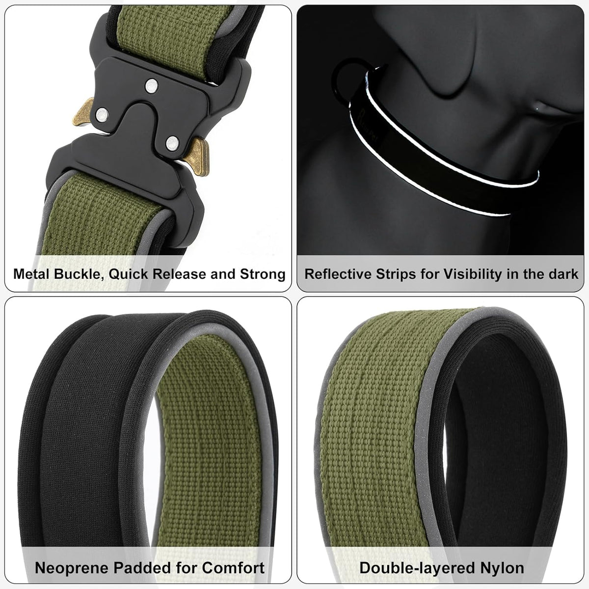 Plutus Pet Tactical Dog Collar, Reflective, Adjustable Heavy Duty Dog Collar, Soft Padded and Comfortable, for Small Medium and Large Dogs (Ranger Green, L)