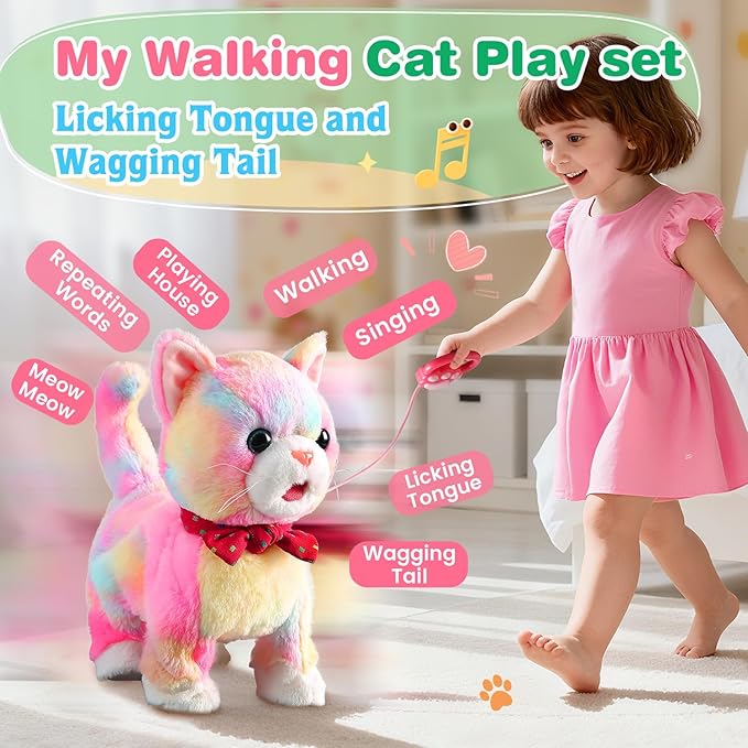 Colorful Leash Walking Cat Set Toy Interactive Talking Cat Singing Dancing Kitten Mimicking Repeat What You Say Kitty Touch and Voice Control Nodding Wagging Tail Plush Electric Robot for Kid Girl