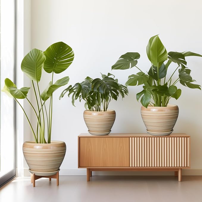 Ceramic Pots for Plants - 10 Inch 8 Inch 6 Inch Plant Pots with Drainage Holes and Saucers Large Planters for Indoor Plants Decorative Outdoor Flower Pots Set of 3 Yellow