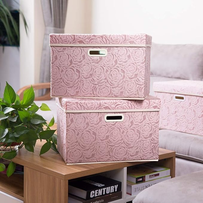 PRANDOM Large Foldable Storage Boxes with Lids [5-Pack] Fabric Decorative Storage Bin Cubes Organizer Containers Baskets with Cover Handles for Bedroom Closet Nursery Pink 17.7x11.8x11.8 Inch