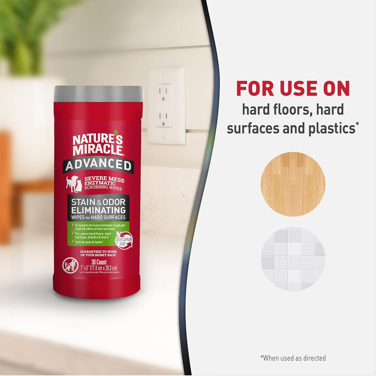 Nature’s Miracle Advanced Stain And Odor Eliminating Wipes for Hard Surfaces, 30 Count, Enzymatic Formula Eliminates Tough Pet Messes