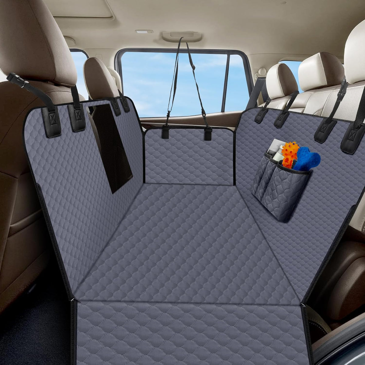 Dog Car Seat Cover for Back Seat, Waterproof Protector with Side Flaps, Scratchproof Hammock, Non-Slip Bottom for Cars/Trucks/SUVs (Grey)