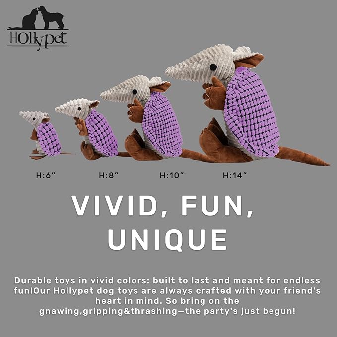 Hollypet Plush Dog Squeaky Toy Stuffed Armadillo Animal Pet Puppy Chew Toys with Clean Teeth for Small Medium Large All Breed Sizes Dogs, Purple, 8 in