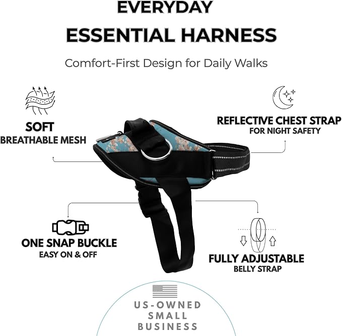 ShawnCo Essential Dog Harness, No-Pull Pet Vest (Freckle's Garden,M) | 3 Leash Clips, Easy On, No-Choke, Reflective, Adjustable Fit, Padded Comfort, Control Handle, For Small, Medium & Large Dogs