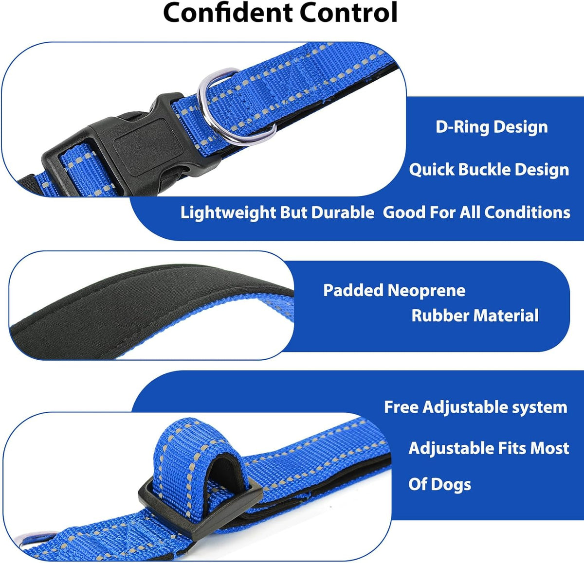 Reflective Dog Collar Padded with Soft Neoprene Breathable Quick Release Basic Dog Collars for Medium Large Dogs Blue Boy Girl