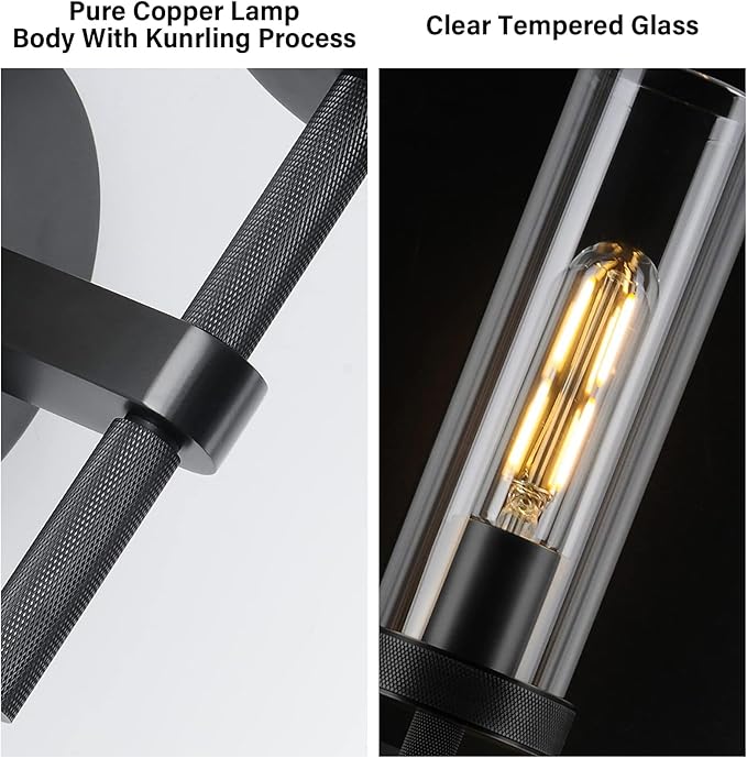 14" Bathroom Vanity Wall Sconces,Matt Black Wall Sconces Set of Two,Glass Tube Sconces Wall Lighting Indoors,Wall Lights for Mirror, Living Room, Bedroom, Hallway