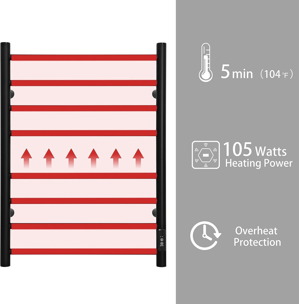 KEG Towel Warmer Wall Mounted with Built-in Timer 8 Bars Electric Stainless Steel Heated Towel Racks for Bathroom, Hot Plug-in Bath Towel Heater Matte Black (TW-8-MB)