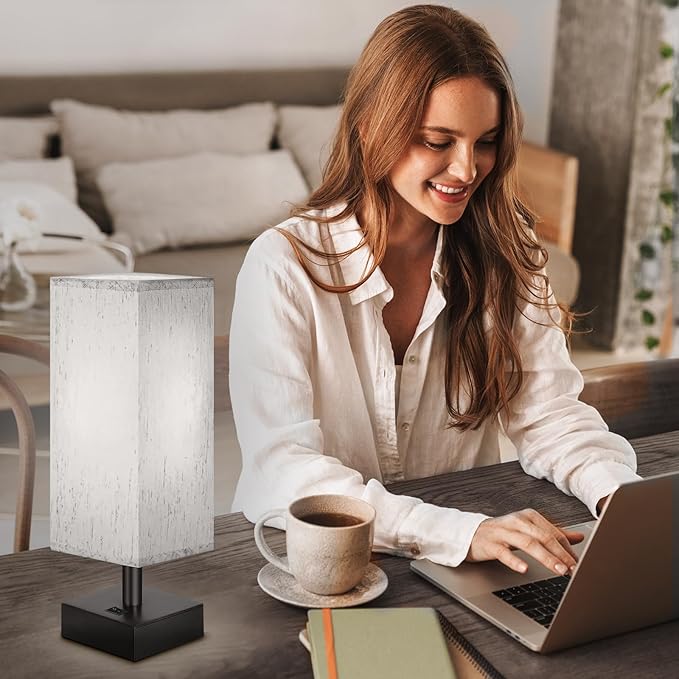 Small Lamp for Bedroom, Bedside Lamps for Night Stands, Mini Minimalist Table Lamp With Square Flaxen Fabric Shade, 11 Inch Desk Reading Lamp for Dorm Living Room Office, 1 Pack
