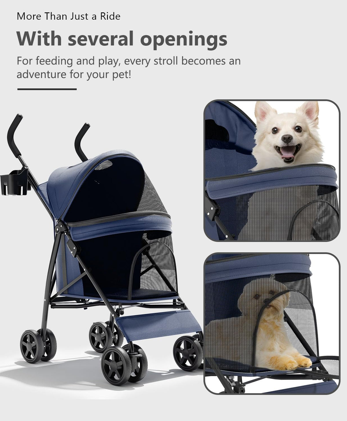 Pet Stroller with 4 Wheels for Small/Medium Pets, Portable Travel Foldable Carrier Jogger for Dog Cat Puppy Kitty, Rear Wheel Breaks, Storage Basket, Visible Mesh Weather Cover (Navy Blue)