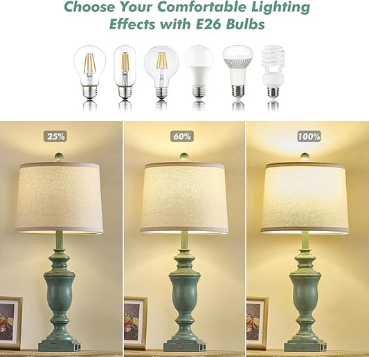 27.5" Set of 2 Farmhouse Table Lamps for Bedroom, 3 Way Dimmable Bedside Lamp with 2 USB +AC Outlet Nightstand Lamps for Living Room Resin Rustic Touch Lamps (Antique Green)