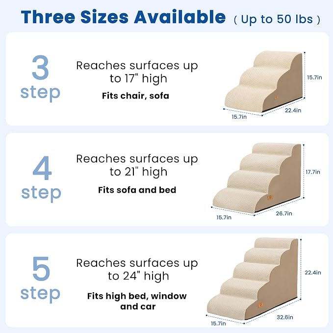 Dog Stairs for Small Dogs and Cats,Non-Slip 3 Step Pet Ramp for Couch,Khaki | High-Density Foam Support with a Gentle 3-Step Design for Easy, Comfortable Access to Couches and Sofas