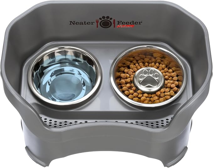 Neater Feeder Deluxe Mess Proof Dog Bowls Elevated for Large Breeds – Made in USA – No Spill Raised Slow Feeder Elevated Dog Bowl Stand, Stainless Steel Food and Water Bowl Set, Grey