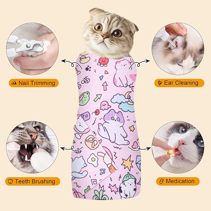 27.6 In Cat Grooming Wrap Self-Adhesive, Cat Wrap for Cutting Nails, Pink Anti-Escape Cat Restraint for Nail Clipping Cat Swaddle Wrap Cat Wrapping Cloth for Pet Cleaning and Beauty (Within 15lbs)