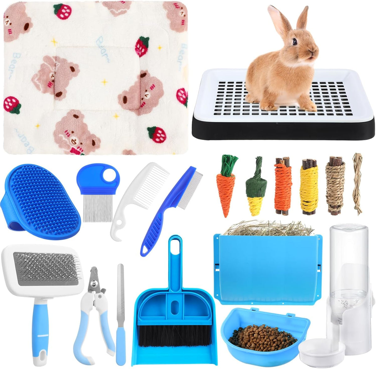 19 Pcs Rabbit Starter Kit Small Bunny Litter Box Rabbit Grooming Kit Water Bottle Bunny Toys Hay Feeder Bowl Blankets with Cleaning Set for Guinea Pig Accessories(Black,Cloud)