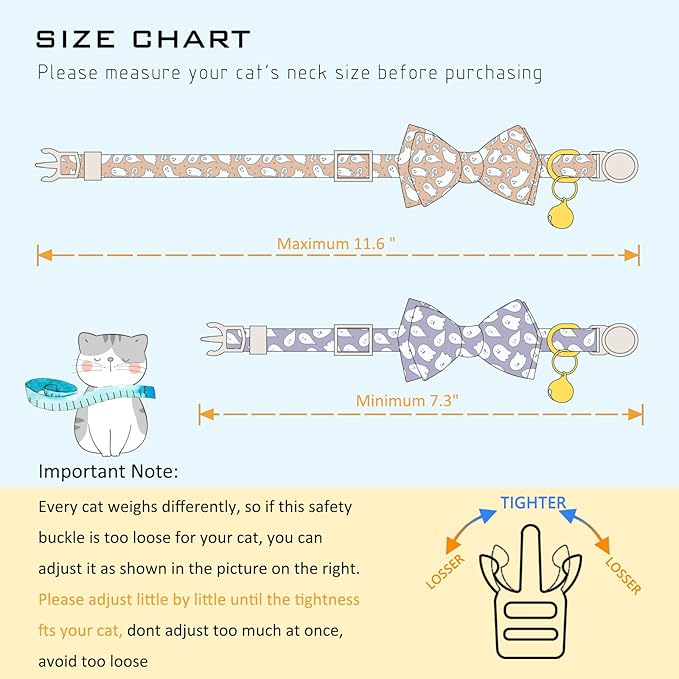 Faygarsle 2 Pack Halloween Cat Collar with Bowtie and Bell, Breakaway Safety Buckle, Ghost Pattern, Orange and Light Purple