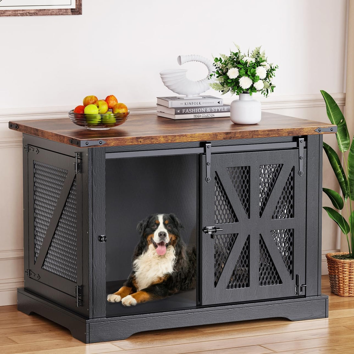 VOPEAK 40" Farmhouse Dog Crate Furniture, Heavy Duty Dog Cage for Medium Large Dogs, Dog Crate Dog Kennel Indoor with Double Doors, Chew Resistant End Table for Bedroom Living Room, Black
