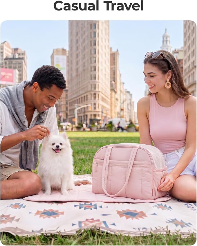 BAGSMART Dog Purse Carrier for Small Dogs Up to 13lbs Puppy Travel Tote Bag | Quilted Puffy Soft Sided Pet Handbag with Pockets, Collapsible Lightweight Portable Carrying with Safety Tether & Mat, Pink