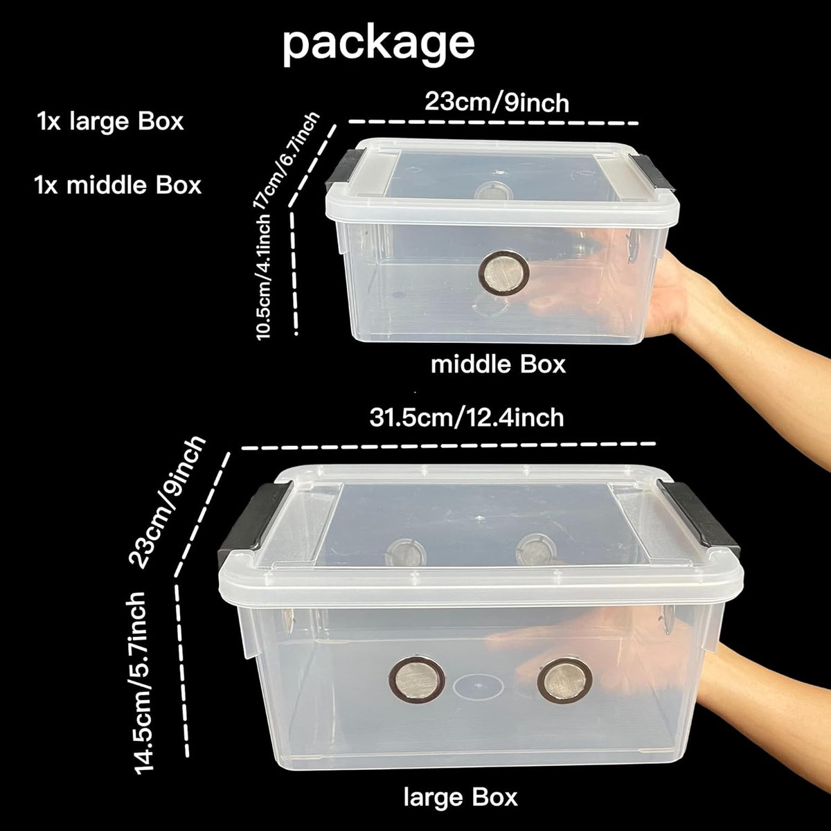2pcs Large Reptile Feeding Box Snake Breeding Box Plastic Reptile Tank for Sling,Geckos,Frog,Lizards,Chameleons,Turtles, Serpents Scorpion Snail Insect Hermit Crab Spider